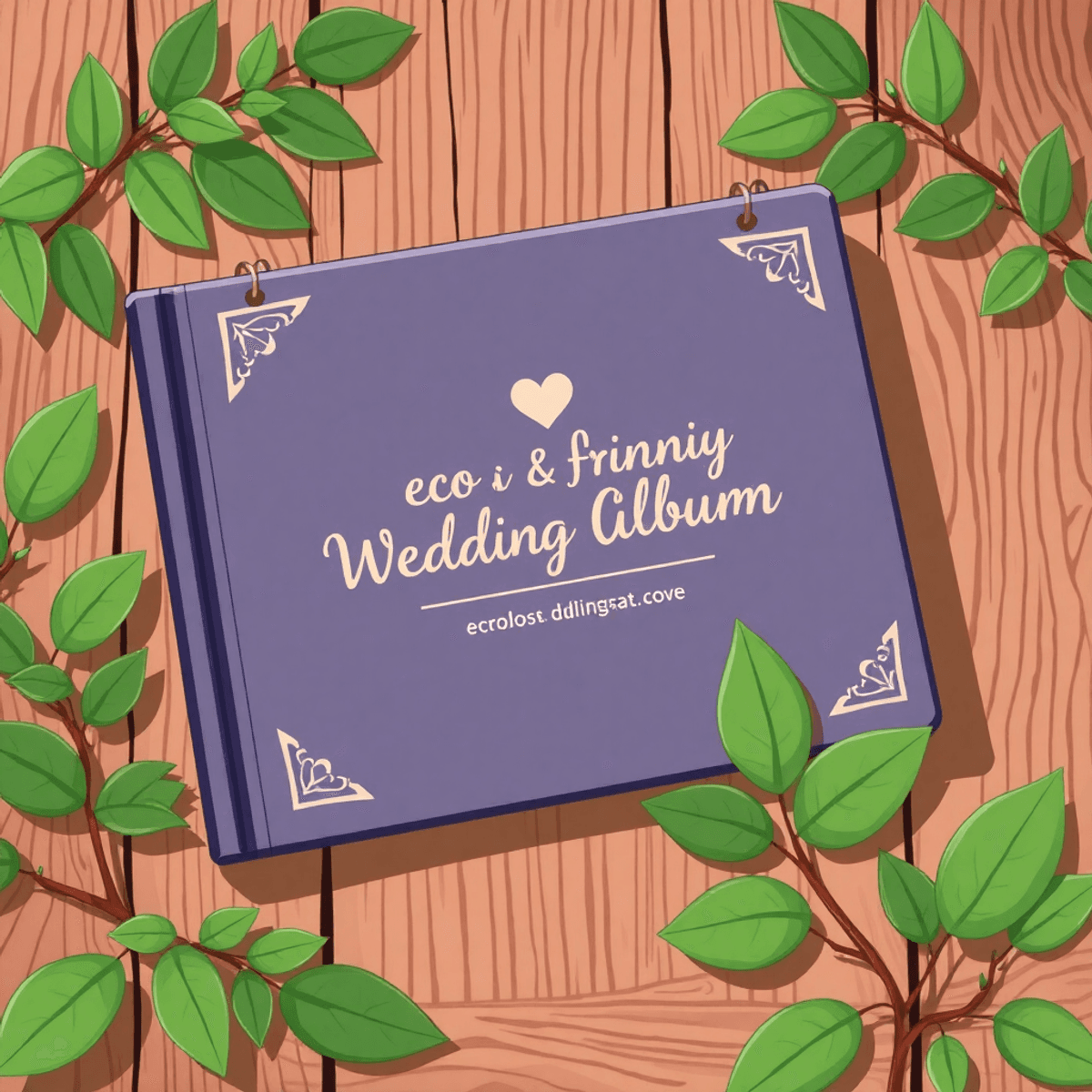 Cartoon-style eco-friendly wedding album on rustic wooden table, surrounded by green leaves and natural elements, symbolizing sustainability and love.