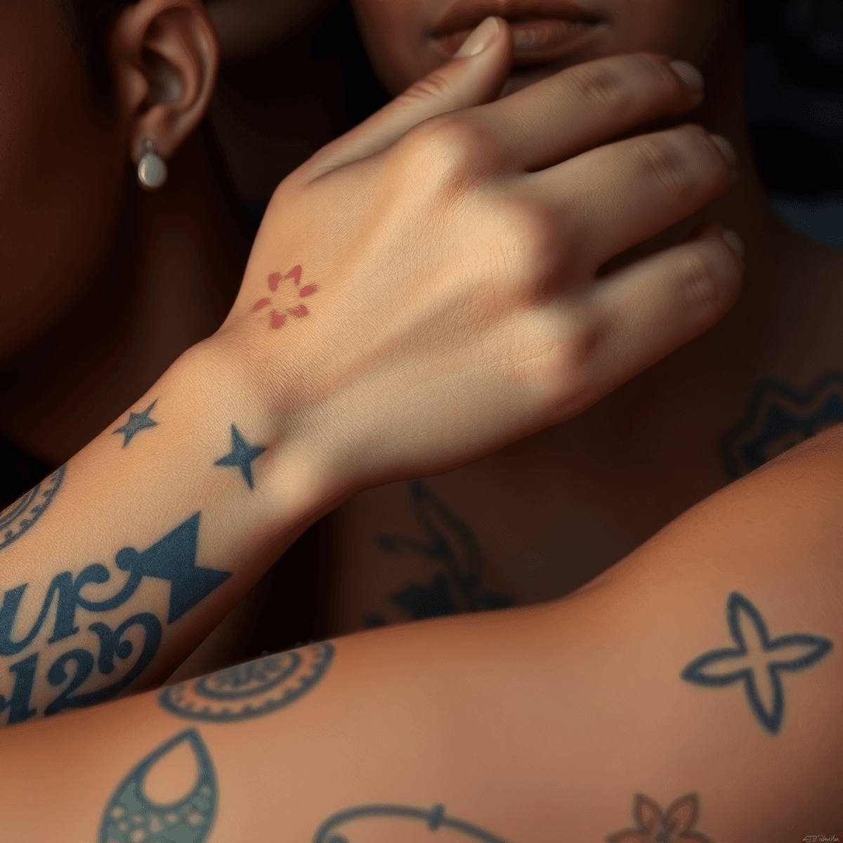 Close-up cartoon of tattooed and scarred skin, softly lit to highlight texture and color, symbolizing personal stories and resilience with a warm atmosphere.