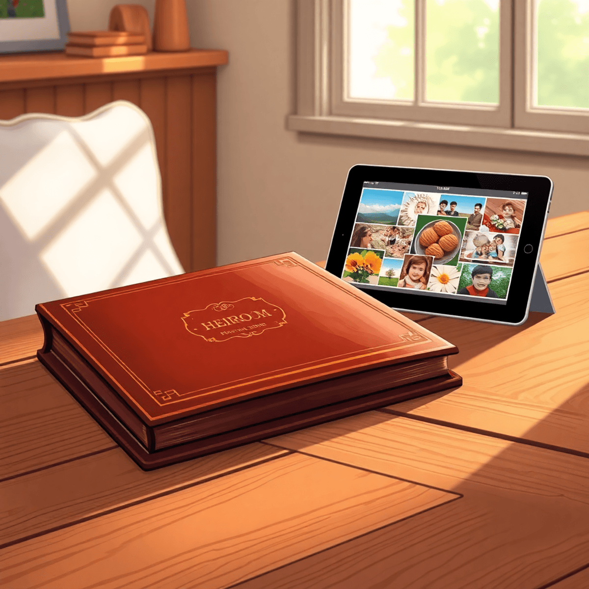 Cartoon-style image of a wooden table with an heirloom photo album and a glowing digital tablet showing vibrant photos, bathed in soft natural light.
