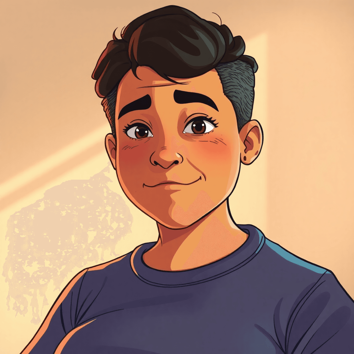 Cartoon portrait of a disabled person with natural lighting, soft background, expressing strength, vulnerability, and body positivity.