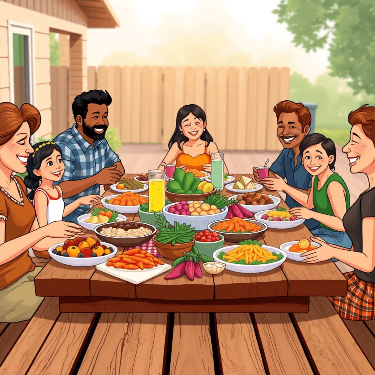 Cartoon of a joyful family sharing colorful farm-to-table dishes around a rustic wooden table outdoors in warm, natural light.