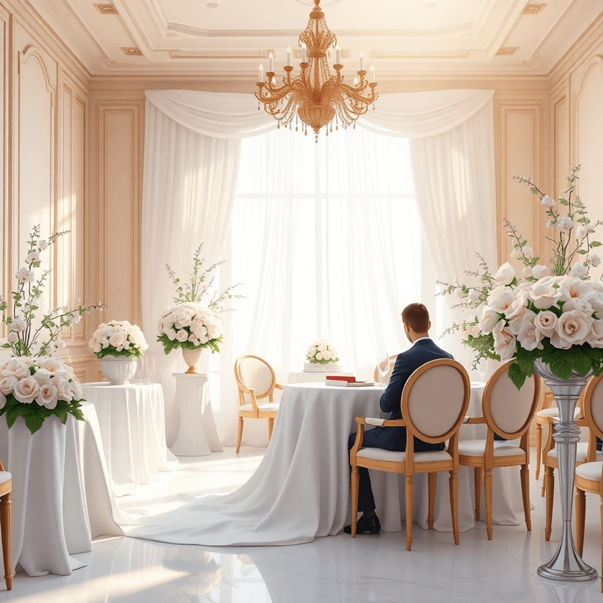 Cartoon-style luxury wedding scene with delicate floral arrangements, soft natural lighting, and elegant decor creating a timeless, romantic atmosphere.