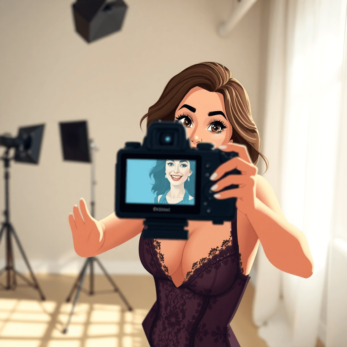 Cartoon woman in elegant boudoir attire smiling at a camera screen in a stylish studio with soft natural lighting.