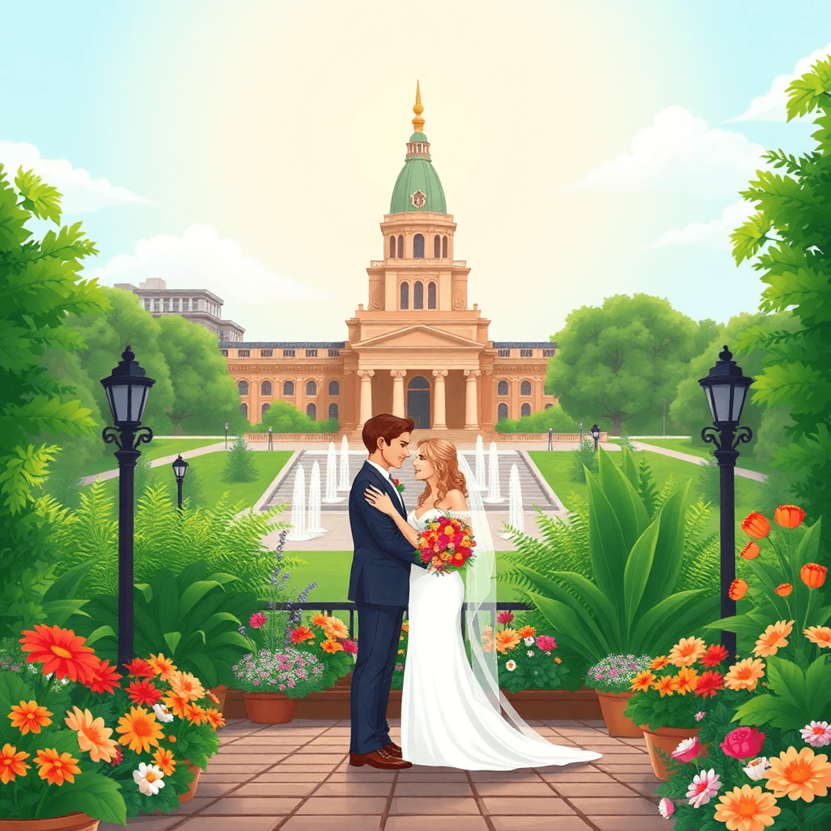A cartoon-style illustration of a couple embracing at an outdoor wedding in St. Louis, surrounded by lush greenery and vibrant flowers, under soft natural light.