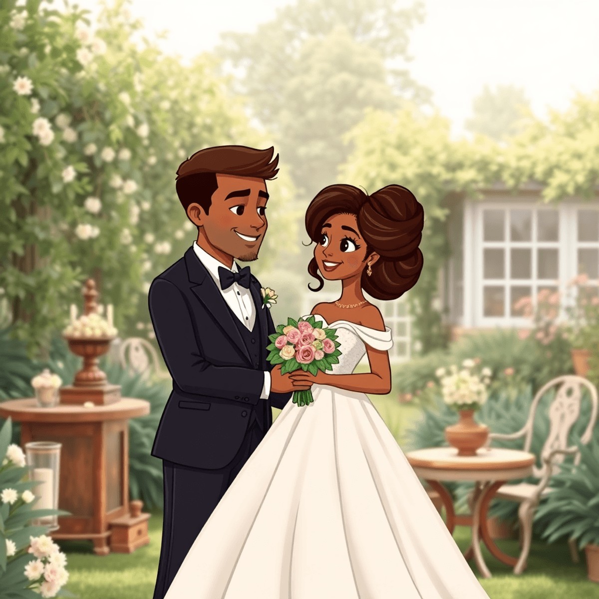Cartoon of a couple in elegant attire at an outdoor garden wedding with vintage decor and soft natural lighting.