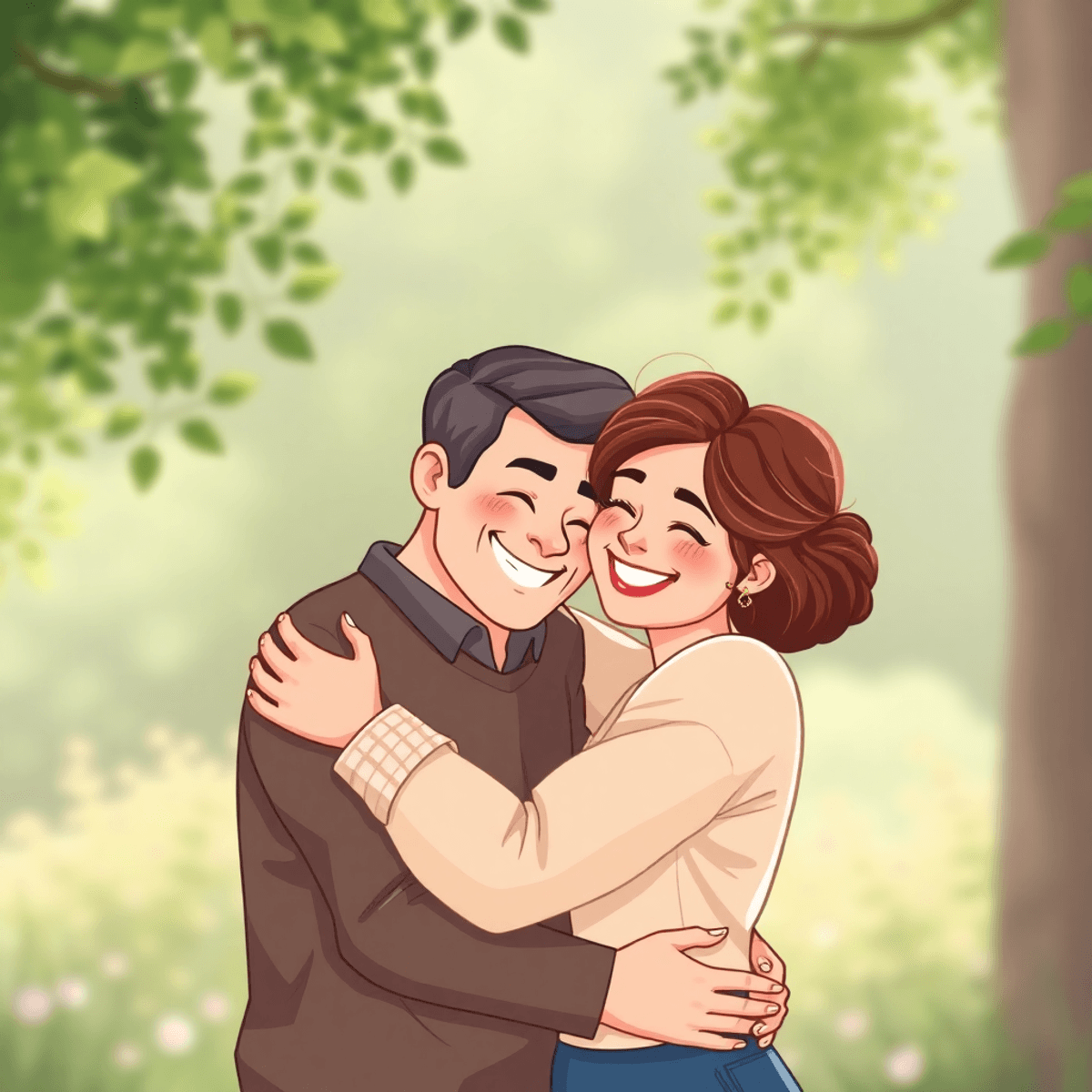 Cartoon-style image of a happy couple embracing outdoors, surrounded by soft light and greenery, capturing a joyful and romantic anniversary moment.