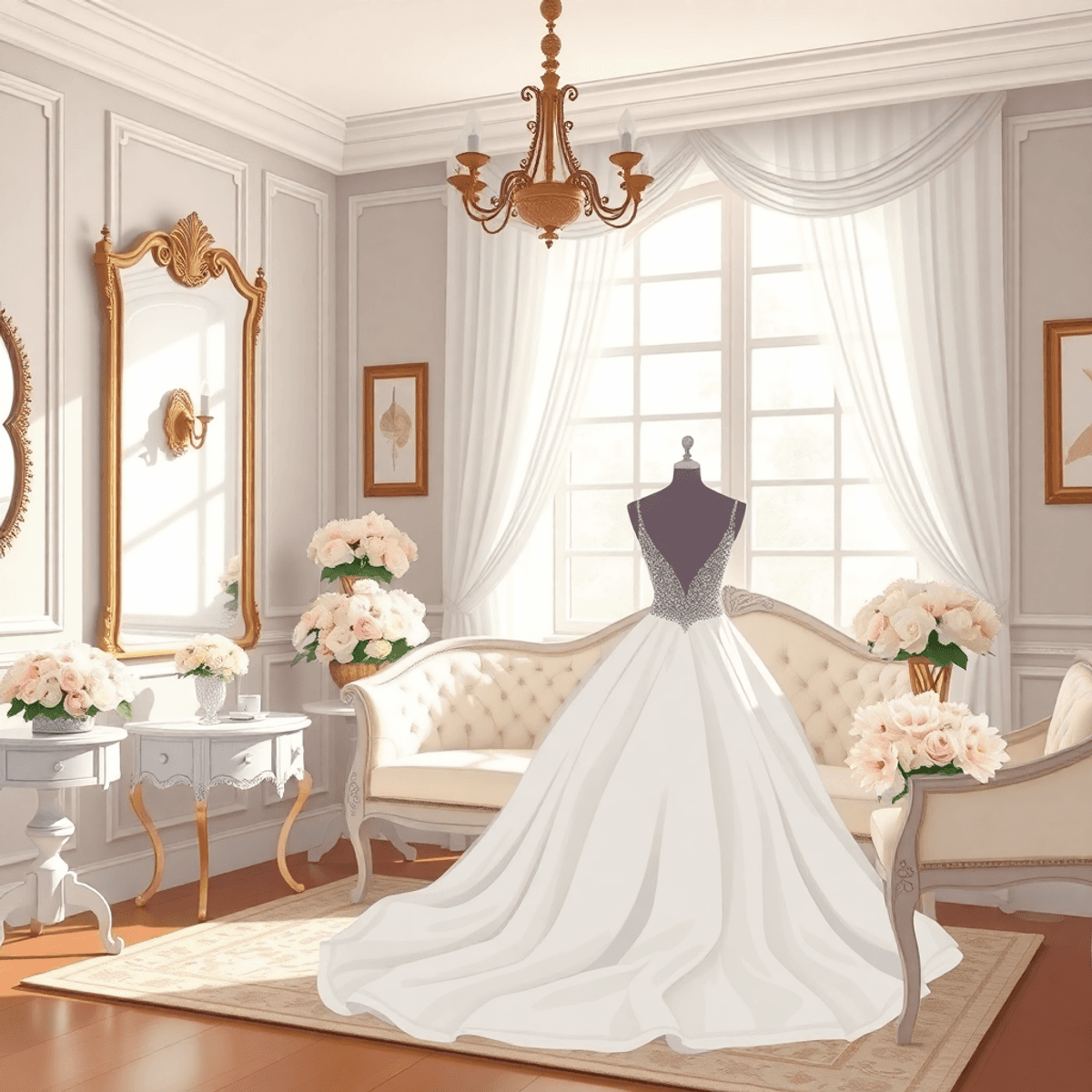 Cartoon-style bridal suite with elegant decor, soft natural light, floral arrangements, and a bridal gown with accessories thoughtfully displayed.