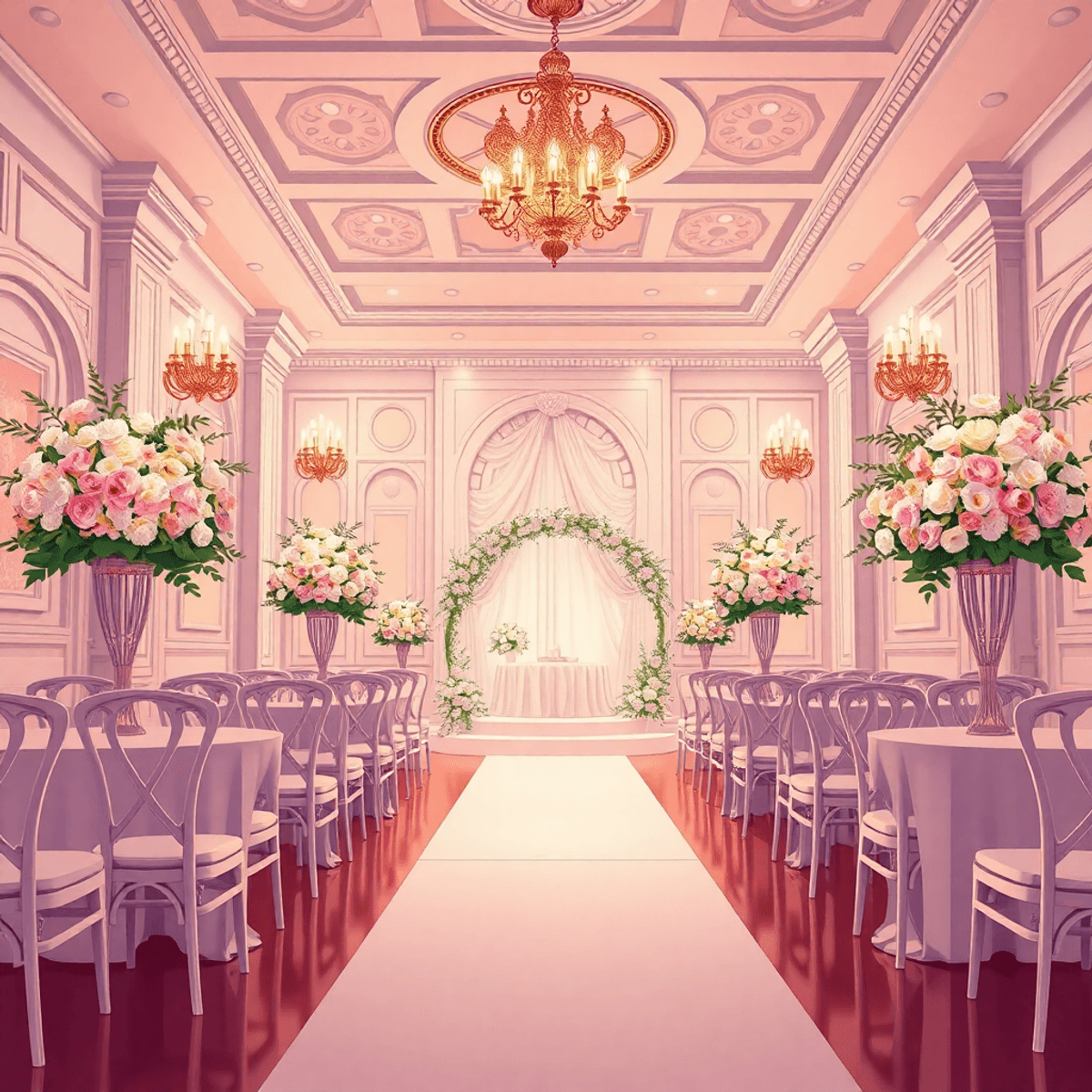 Cartoon of a luxurious wedding venue with elegant decor, soft lighting, floral arrangements, and classic wedding elements creating a romantic atmosphere.