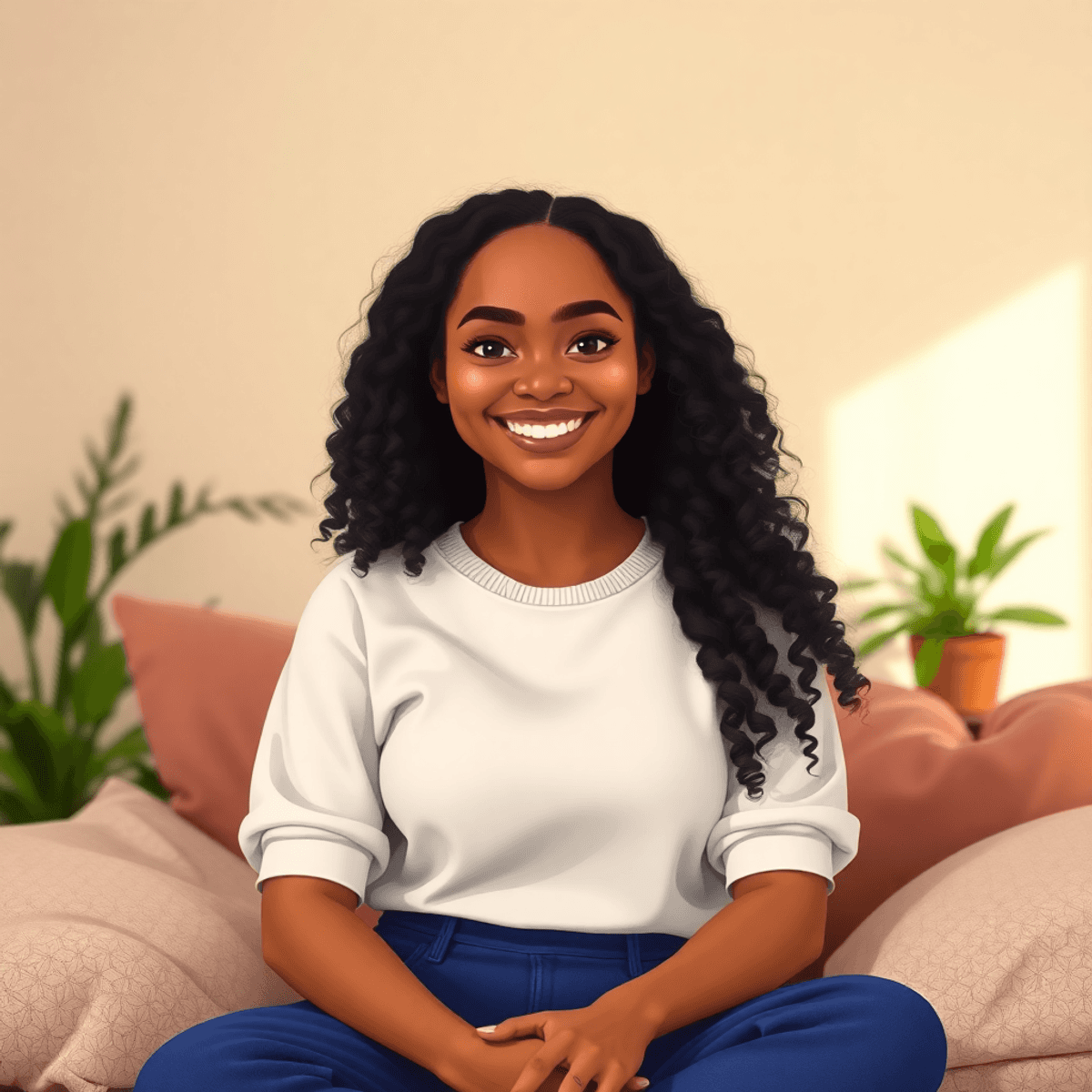 Cartoon-style image of a smiling woman in a cozy photography studio with soft lighting, cushions, and plants, radiating warmth and comfort.