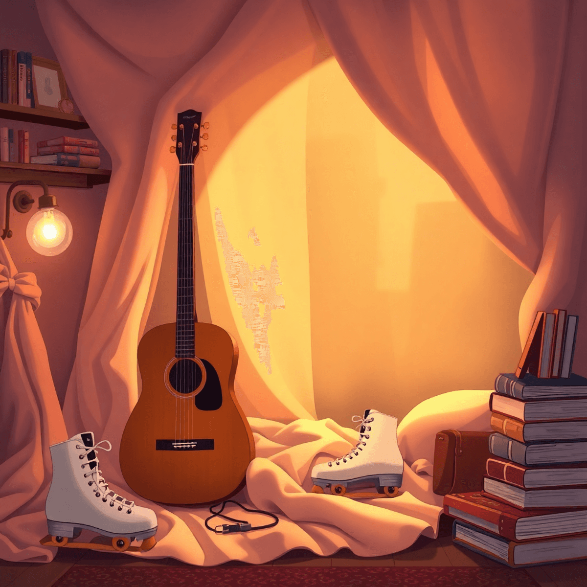 Cartoon-style cozy boudoir with warm lighting, silk fabrics, guitar, vintage roller skates, and books arranged to evoke intimacy and self-expression.