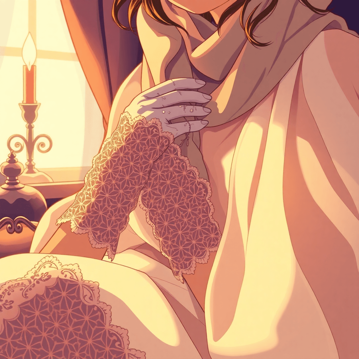 Close-up cartoon of boudoir setup with soft lighting, vintage lace gloves, textured scarves, and delicate fabrics, evoking intimacy and creativity.