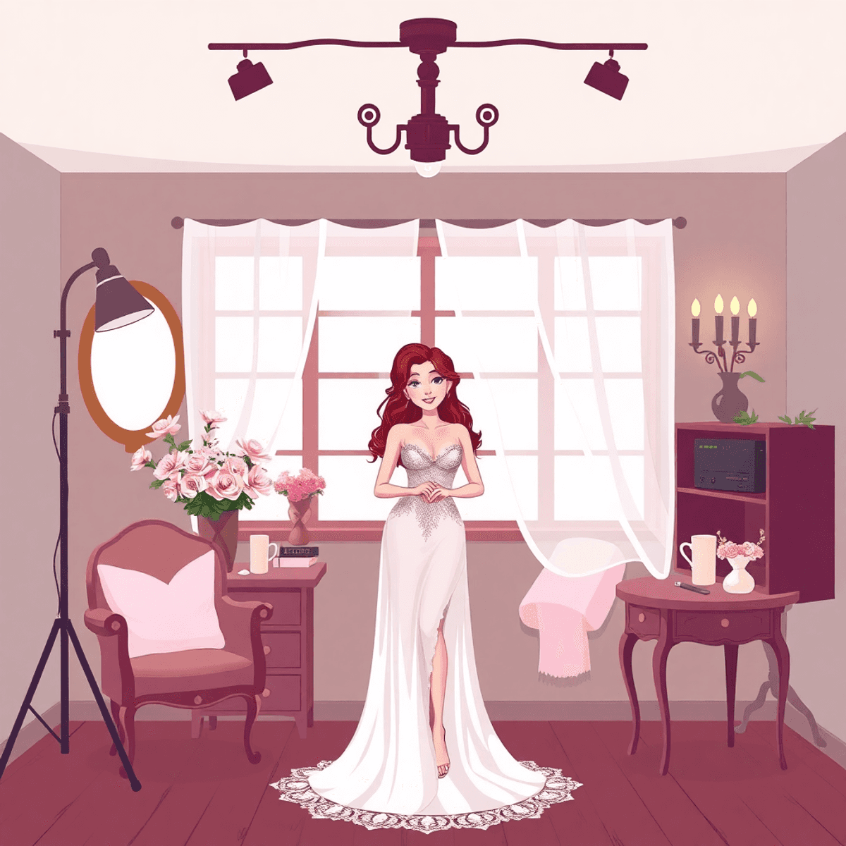 Cartoon-style bridal boudoir setup with soft lighting, delicate lingerie, and romantic decor in a warm, inviting atmosphere emphasizing beauty and confidence.