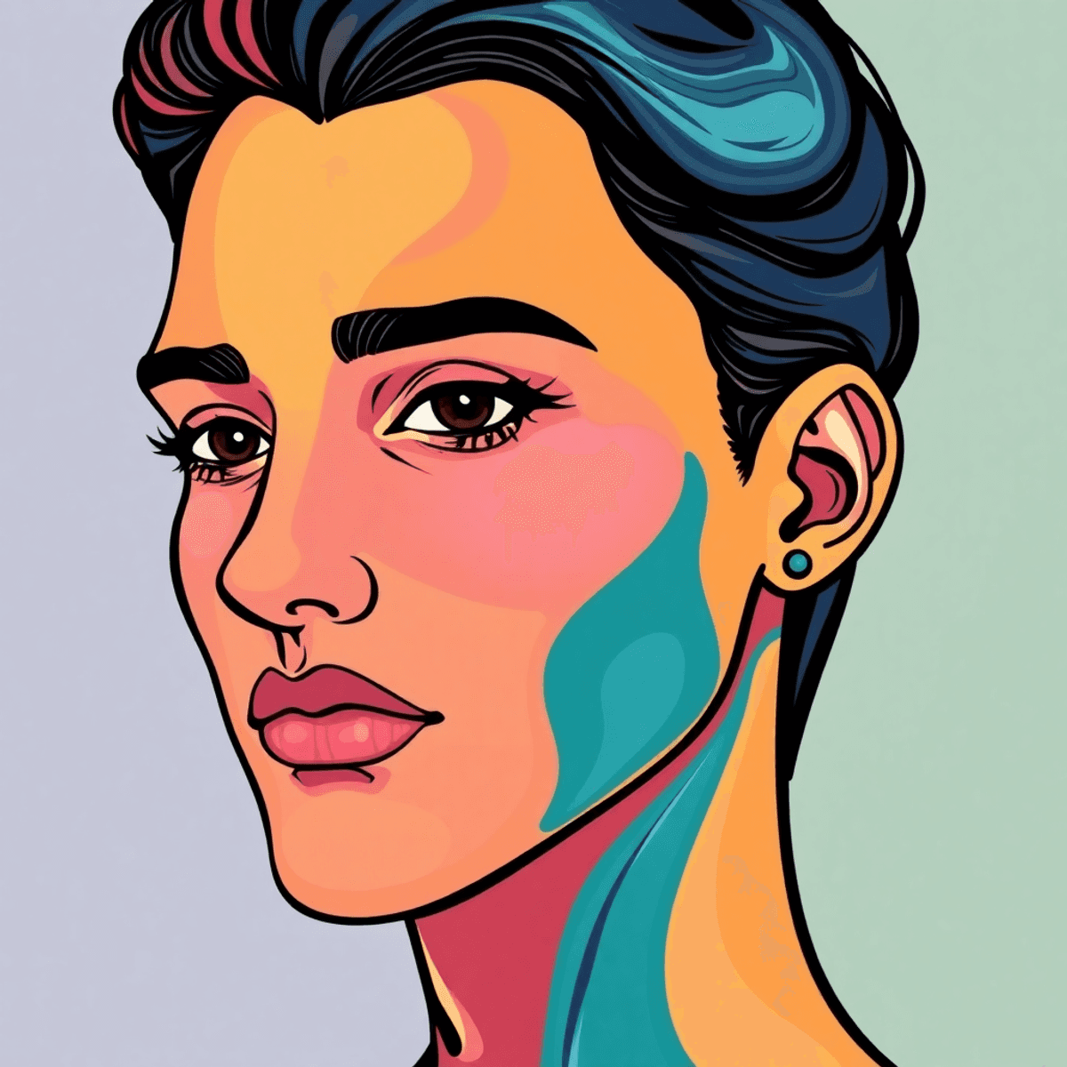 Colorful cartoon portrait merging masculine and feminine features with abstract shapes, symbolizing gender fluidity in an avant-garde art style.