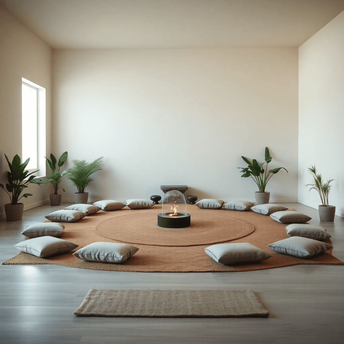 Minimalist meditation room with cushions in a circle, surrounded by plants and a small flowing water feature, creating a peaceful and serene atmosphere.