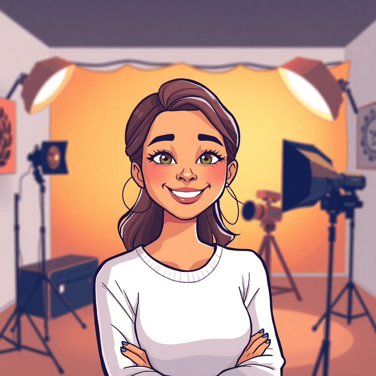 Cartoon-style image of a confident woman smiling gently in a warmly lit photography studio, radiating self-love and empowerment.