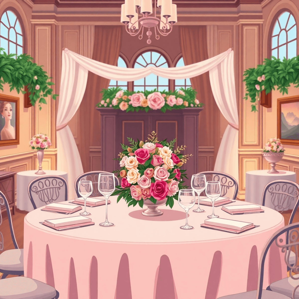 Cartoon-style intimate wedding setup with elegant floral centerpieces and fine dining in a cozy, beautifully decorated venue.