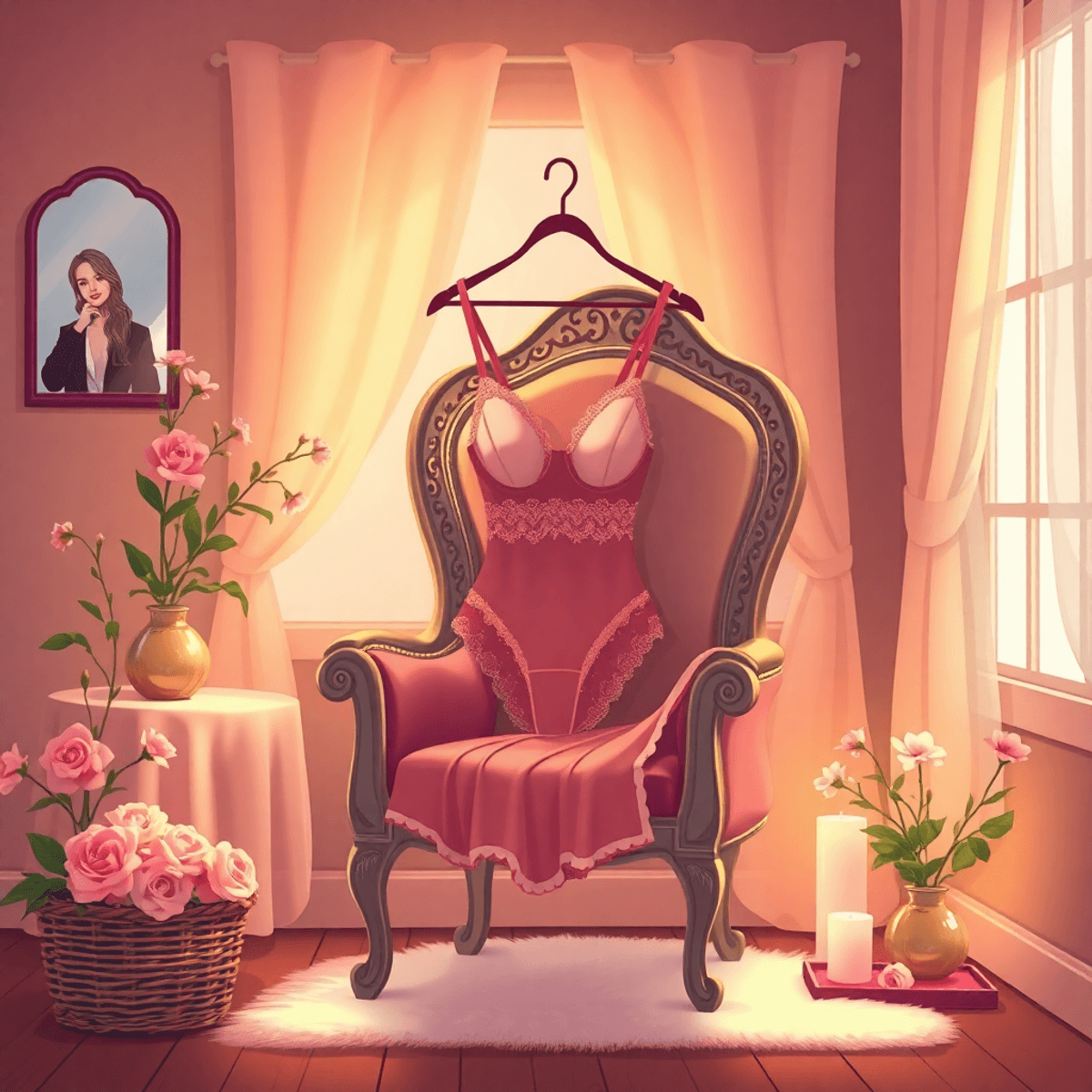 Cartoon-style boudoir with soft lighting, elegant lingerie on vintage chair, delicate flowers, and cozy, inviting atmosphere.