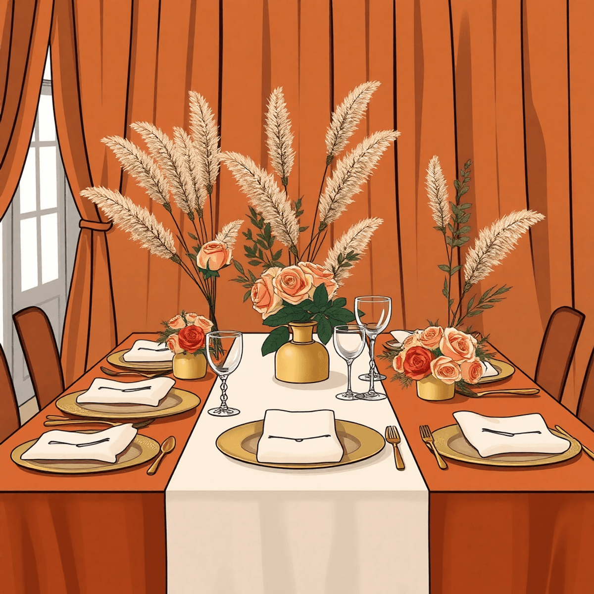 Cartoon-style fall wedding table with brass accents, fine china, crystal glasses, wild roses, pampas grass, eucalyptus, and velvet linen drapery in warm tones.