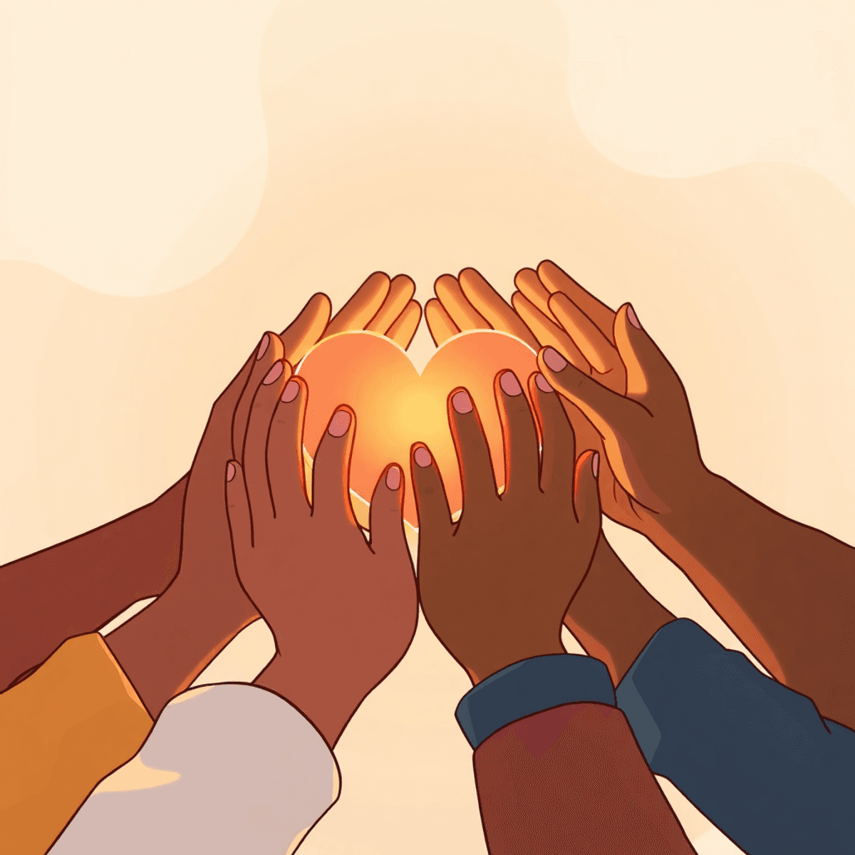 Cartoon-style image of hands gently holding a glowing heart-shaped light against a calm, neutral background with flowing shapes symbolizing care and healing.