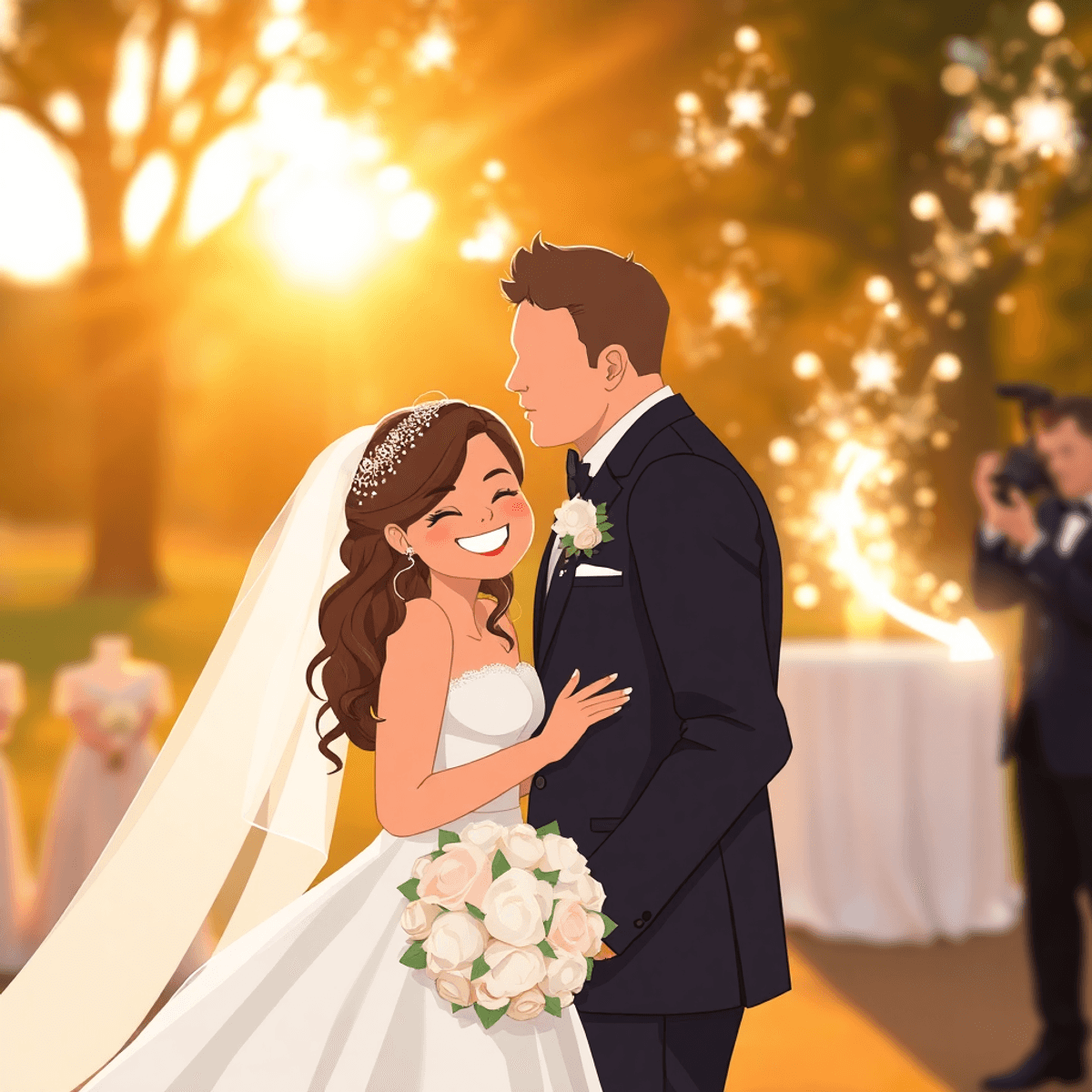 Cartoon of joyful bride and groom at golden hour, a photographer capturing candid moments, with abstract light trails symbolizing timeless memories.