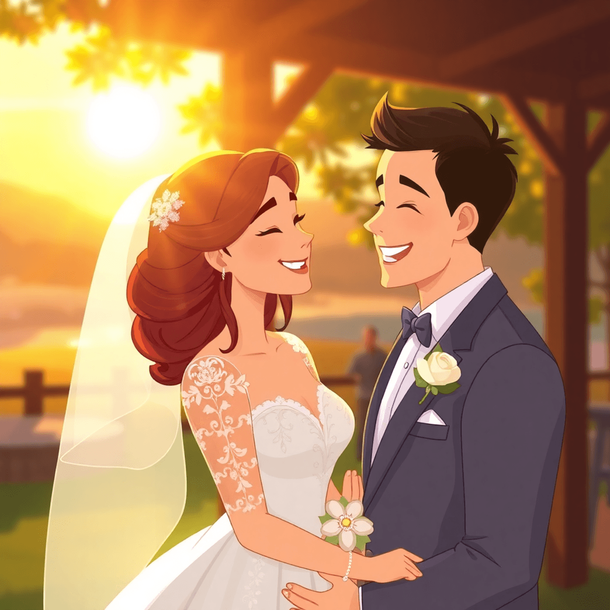 Cartoon-style romantic outdoor wedding at golden hour with bride and groom bathed in warm sunlight, highlighting lace details and joyful expressions.