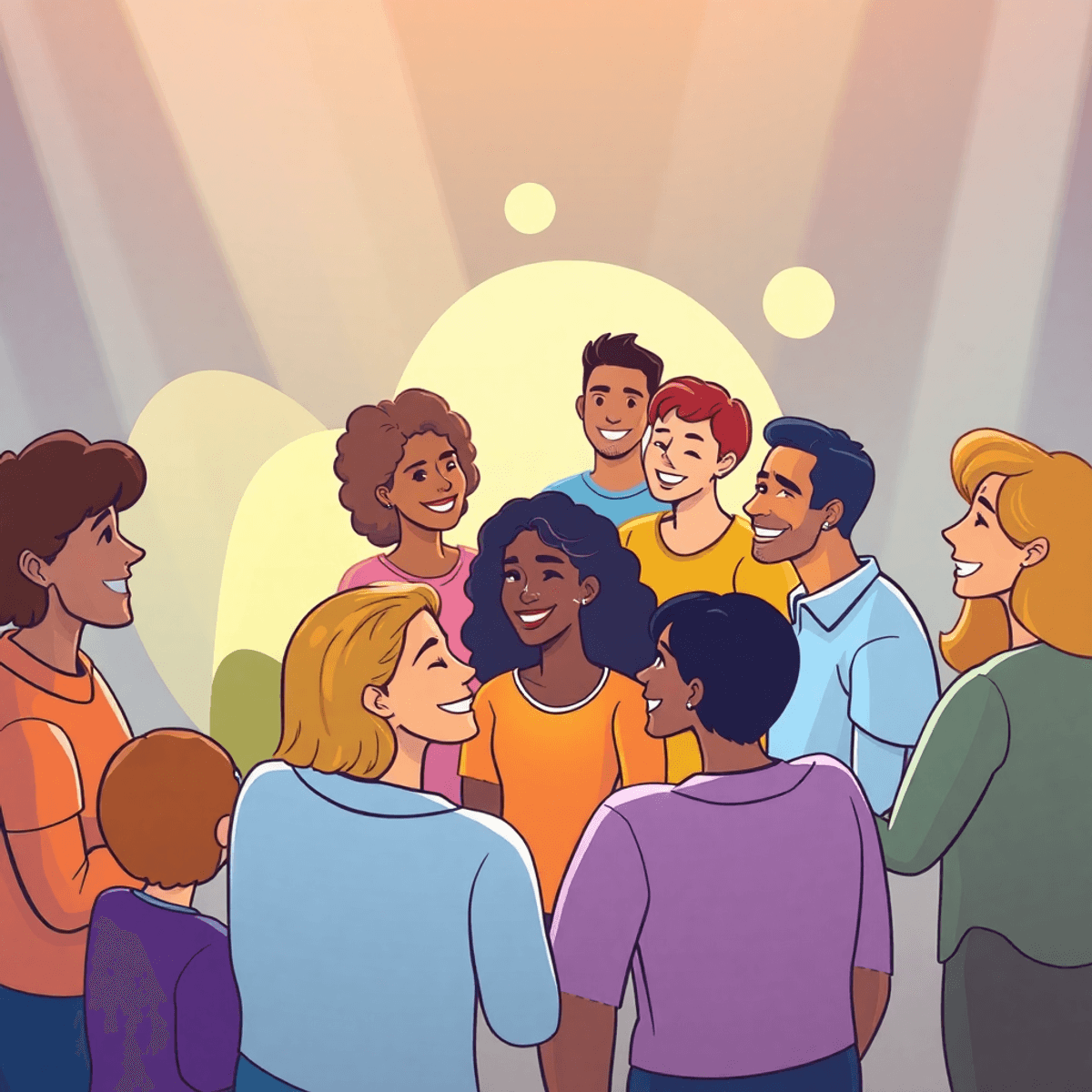 Cartoon group in a warm circle, smiling and engaging, surrounded by glowing abstract shapes and gentle light rays symbolizing growth and empowerment.