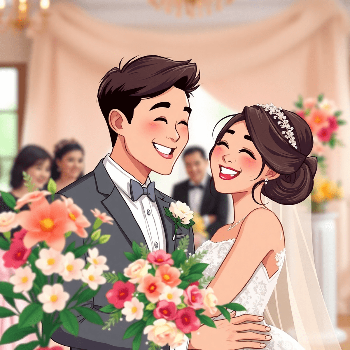 A joyful couple embraces during their wedding ceremony, surrounded by vibrant flowers and soft natural light, capturing authentic emotions of love and connection in a warm atmosphere.