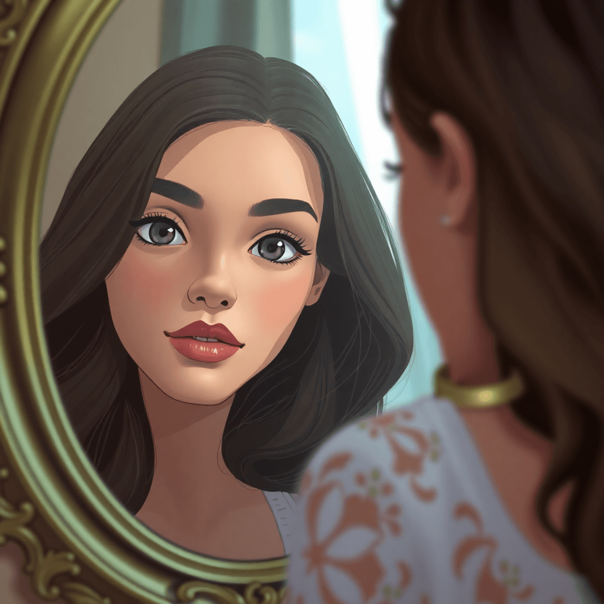 Cartoon-style close-up of a woman gazing into an elegant mirror, showing both her face and reflection with soft natural lighting.