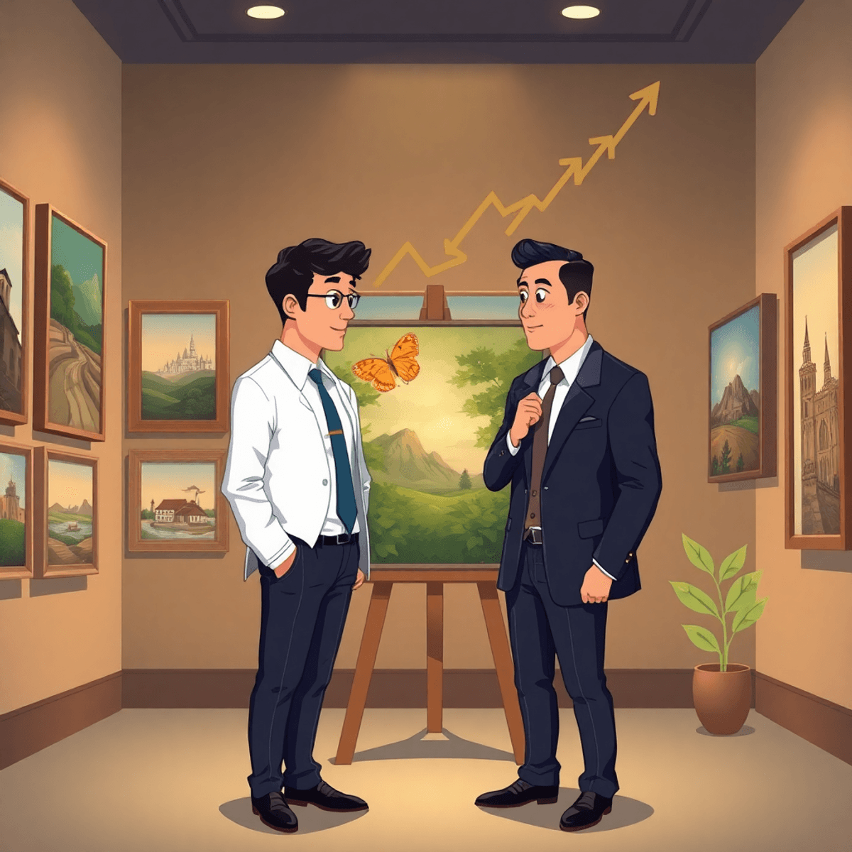 Cartoon art gallery with diverse paintings, a well-dressed advisor and investor examining a canvas, warm lighting, and subtle investment symbols in the background.