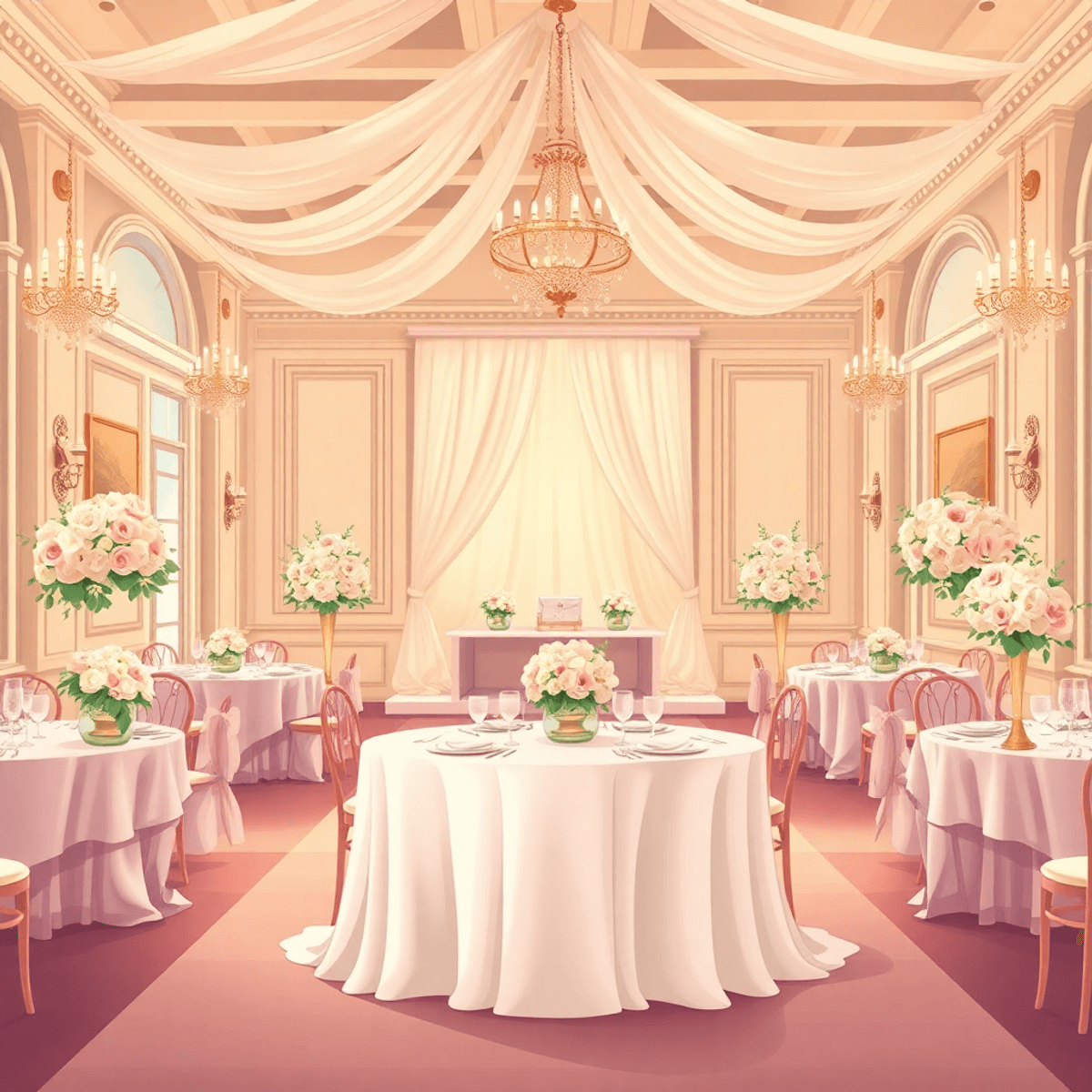 A charming cartoon wedding scene with an elegantly decorated venue, soft lighting, floral arrangements, and a beautifully set table showcasing fine china and crystal glassware.
