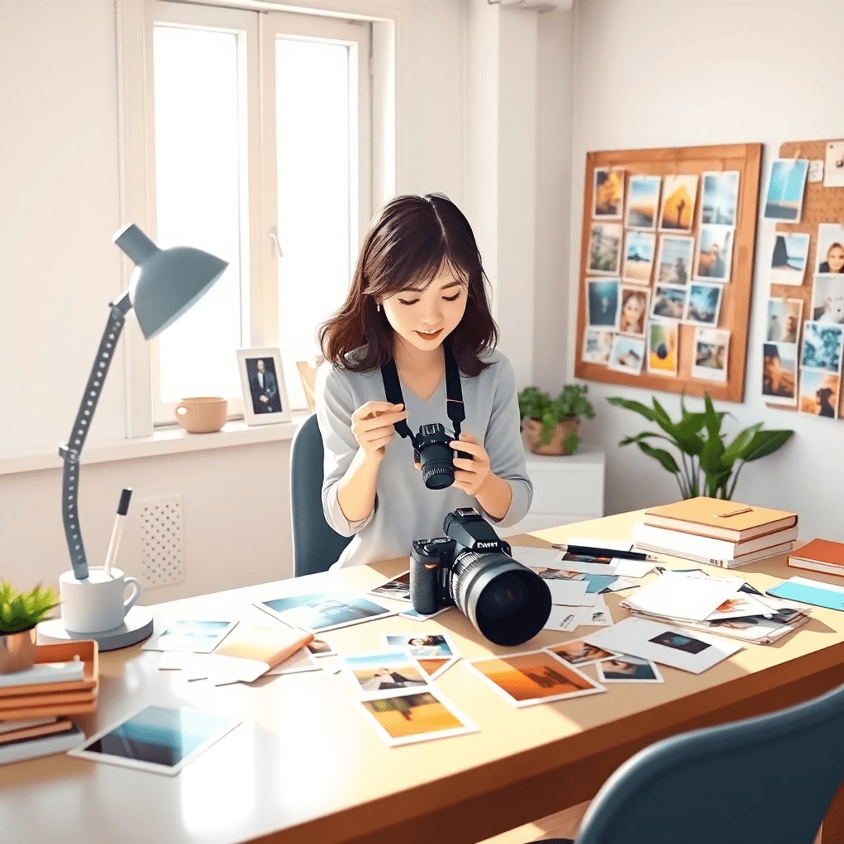Cartoon of a bright creative workspace with a photographer arranging photos, sketches, fabric samples, and a mood board under natural light.