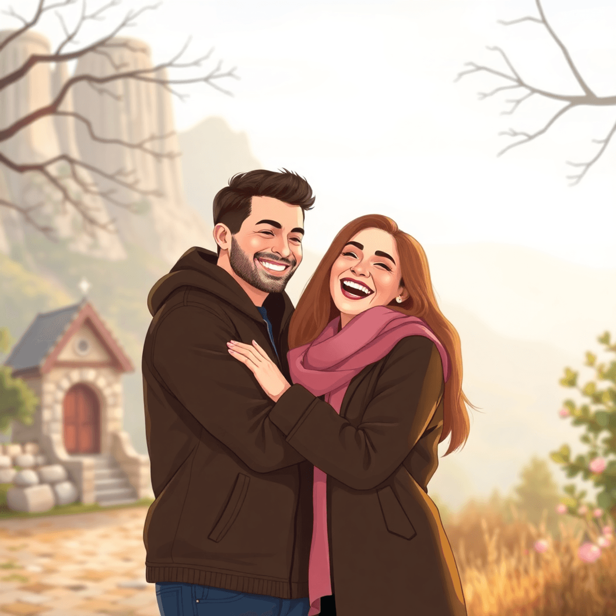 Cartoon of a happy couple embracing and laughing outdoors during an engagement photo session with soft natural lighting and a romantic atmosphere.