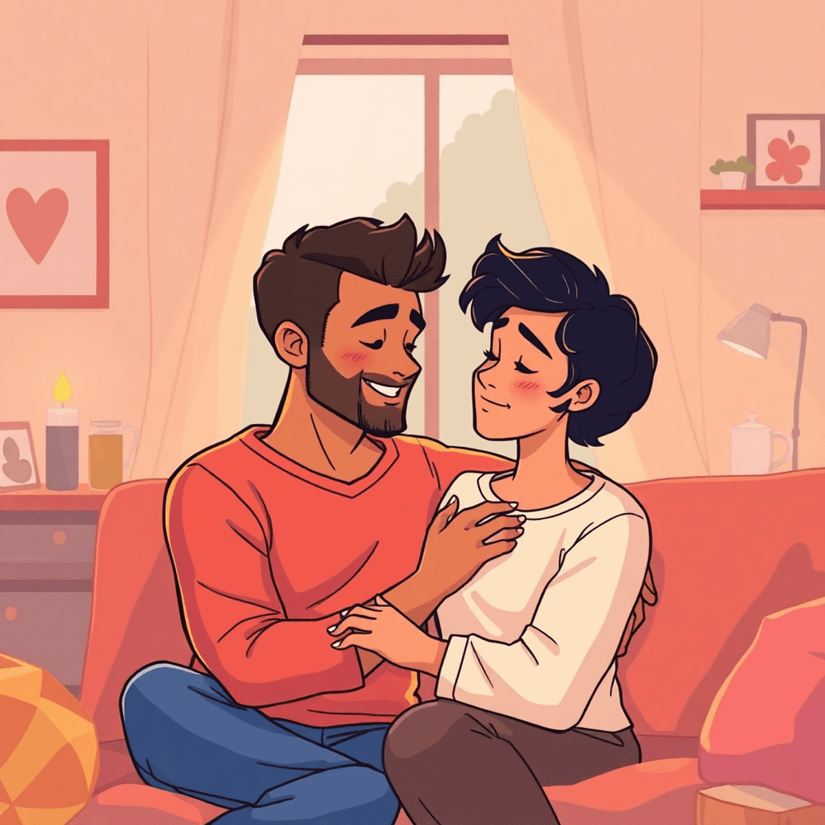 Cartoon of a couple sharing a tender moment in a softly lit, cozy setting, highlighting love and emotional connection.