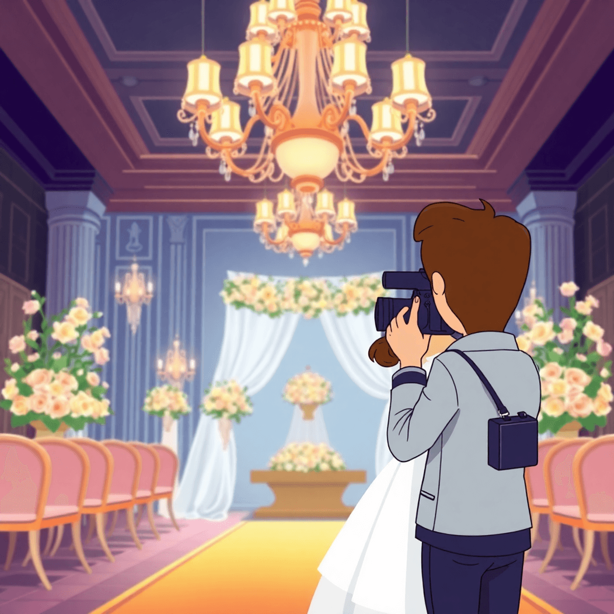 Cartoon of a luxurious wedding with elegant decorations and a photographer capturing the moment with a high-end camera.