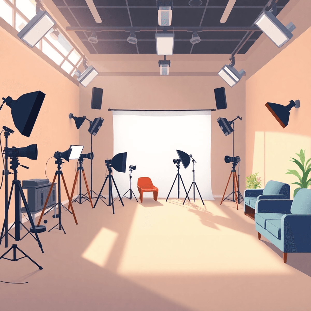 Cartoon-style cozy photography studio with soft natural light, various camera gear, and comfy seating, creating an inviting and inclusive atmosphere.