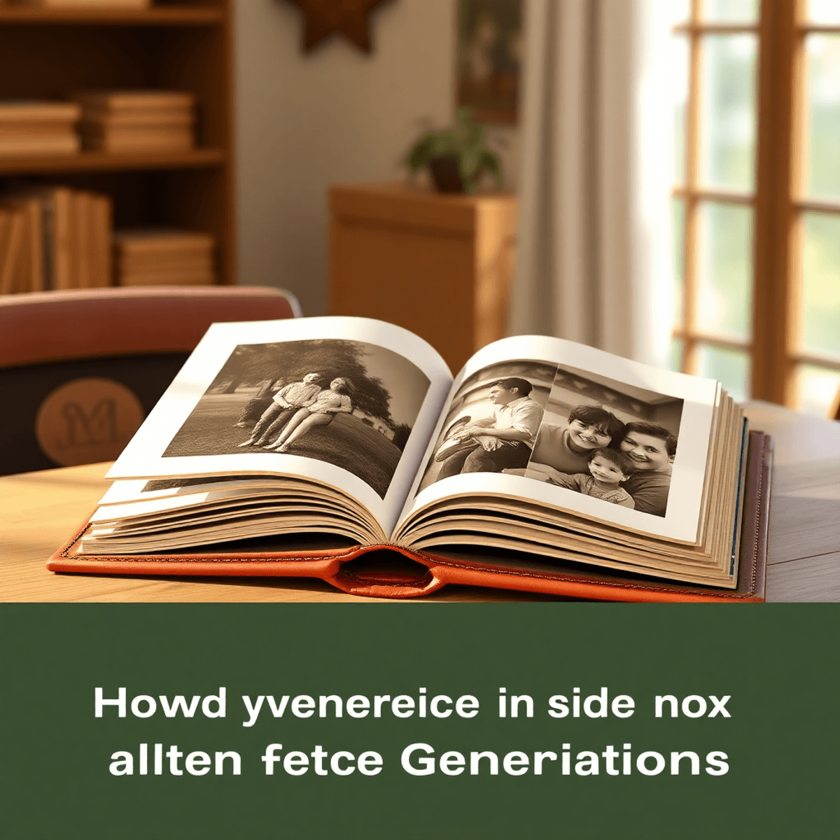 Cartoon-style image of an open handcrafted leather photo album on a wooden table, with vintage photos and soft natural light highlighting its detailed craftsmanship.