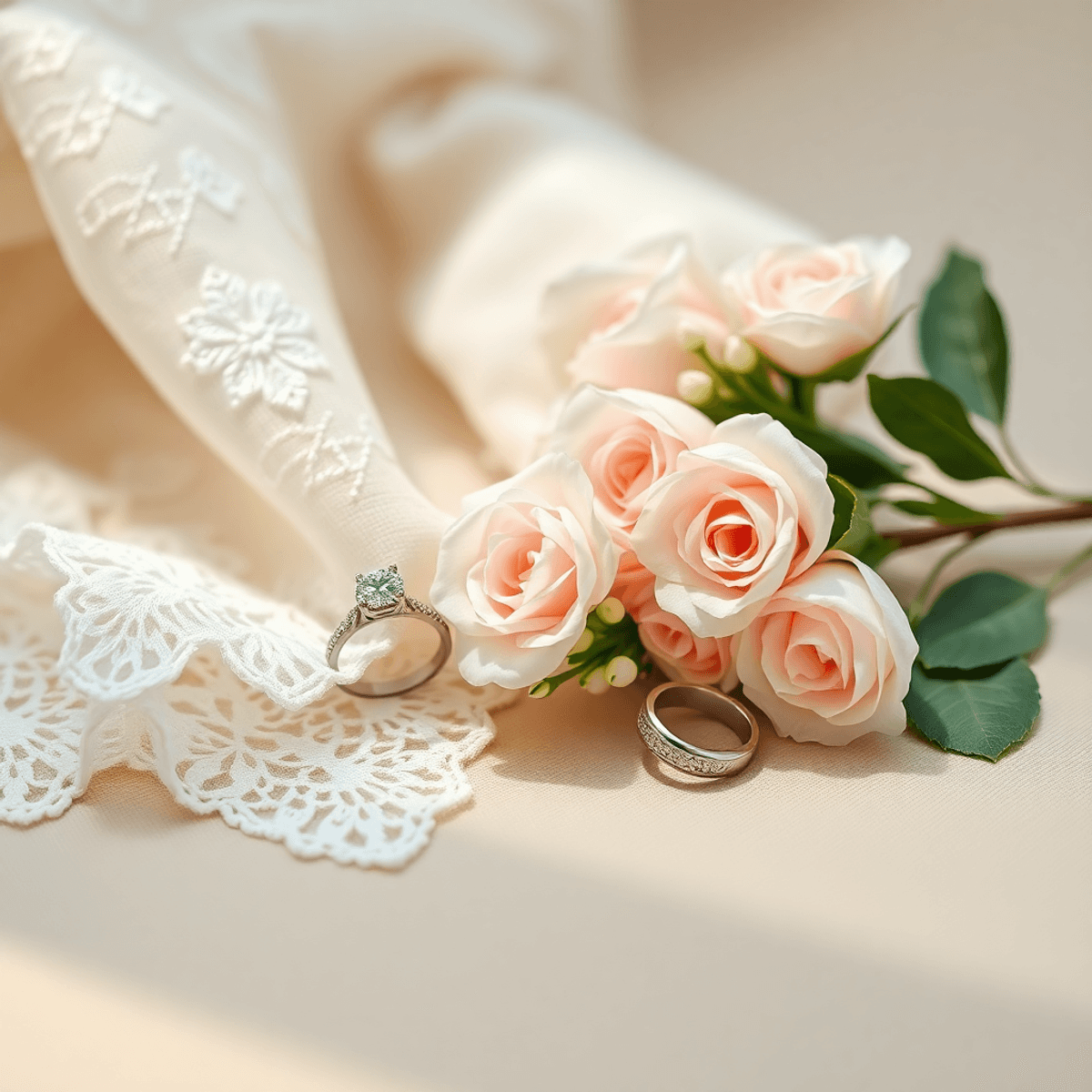 Artistic cartoon-style close-up of wedding details: lace fabric, sparkling engagement ring, pastel flower bouquet, and vintage rings on a soft neutral background.