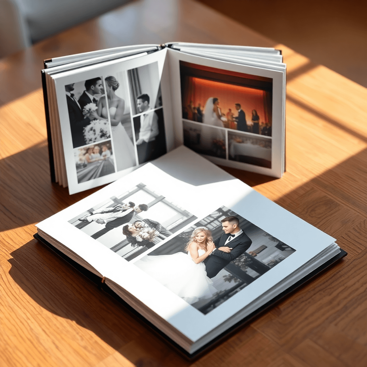 Cartoon-style wedding photo album open on wooden table, displaying black-and-white and color photos of emotional and lively moments with soft natural lighting.