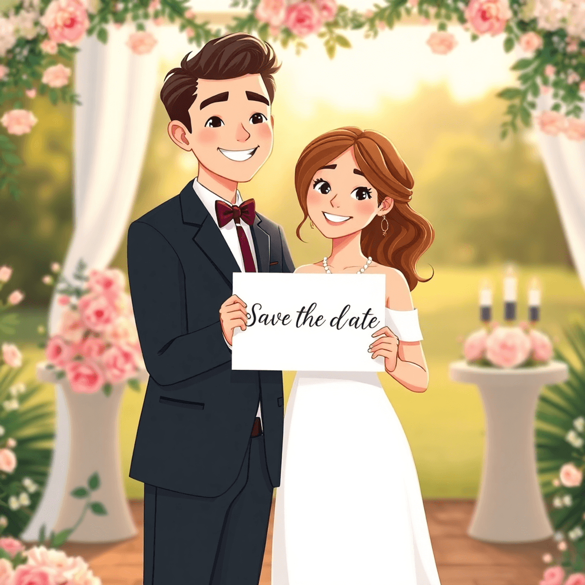 Cartoon couple holding a "Save the Date" sign outdoors, surrounded by soft light and elegant floral decorations, evoking warmth and wedding anticipation.