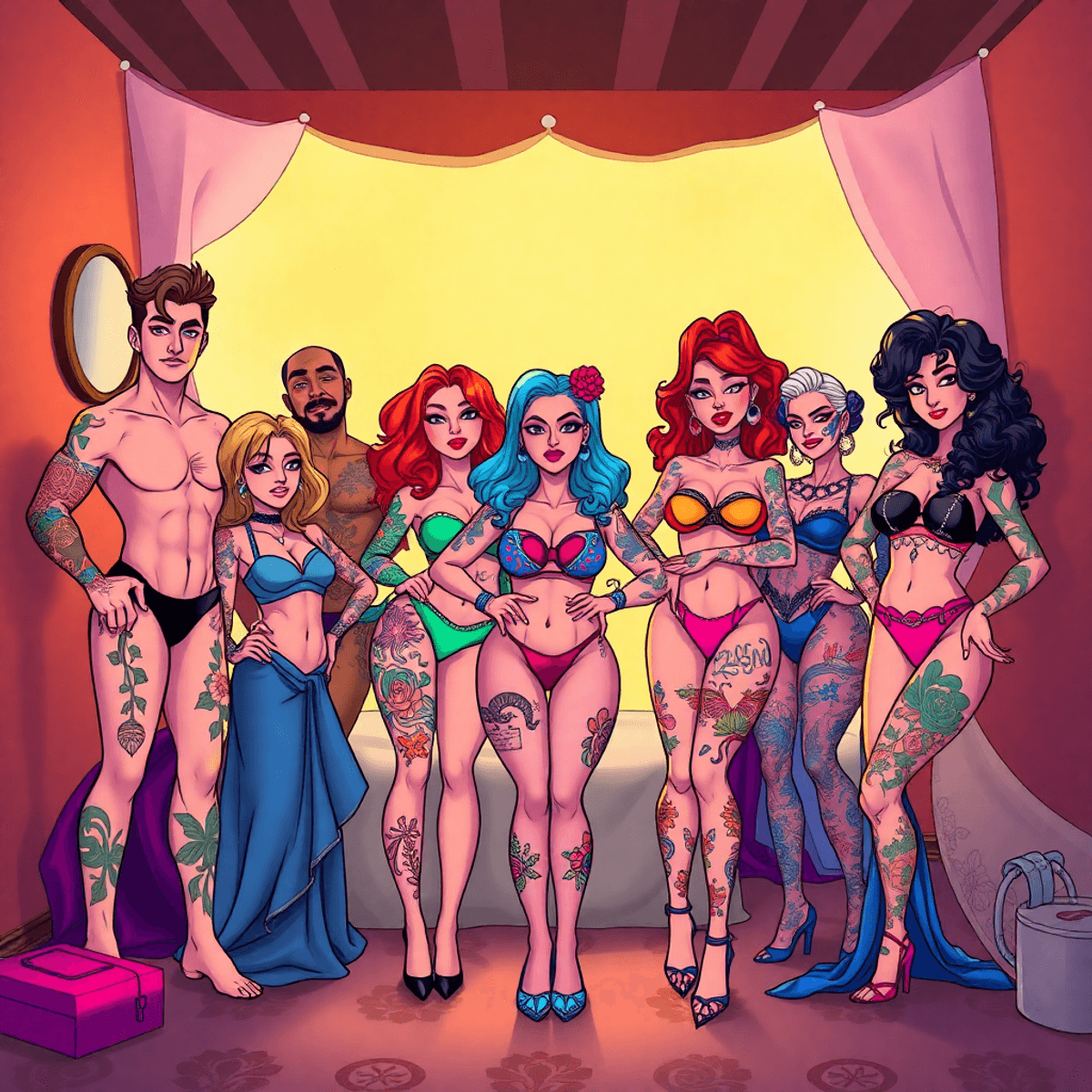 Cartoon-style boudoir scene with diverse individuals in colorful fashion and tattoos, striking confident poses against a softly lit, artistic backdrop.