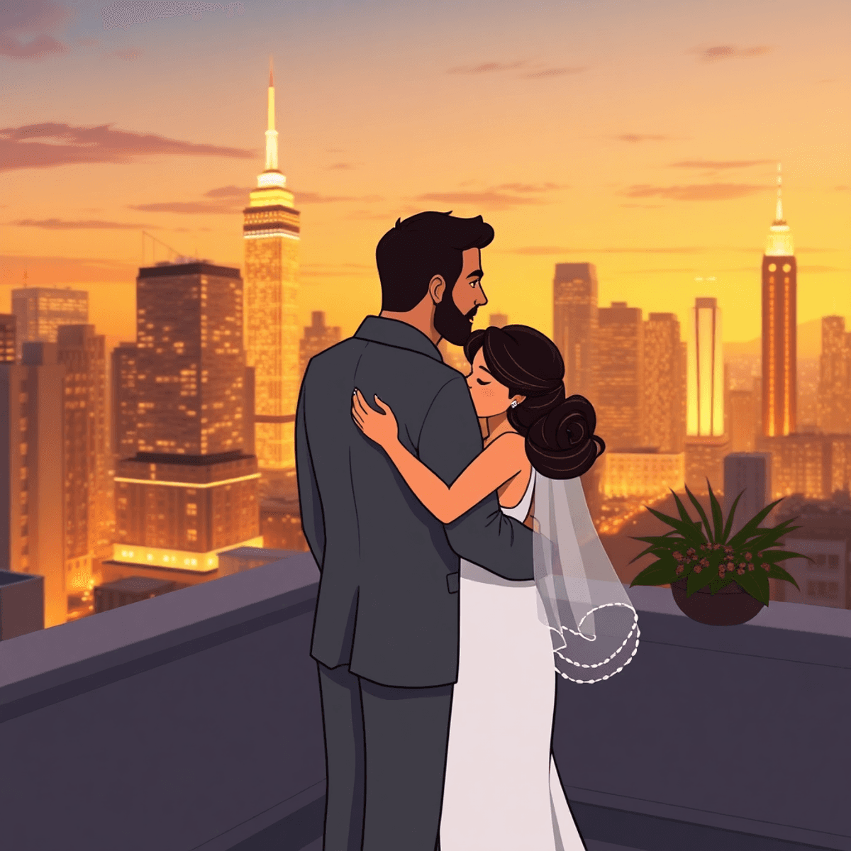 Cartoon-style romantic couple embracing on rooftop terrace at dusk with glowing city skyline and tall buildings in the background.