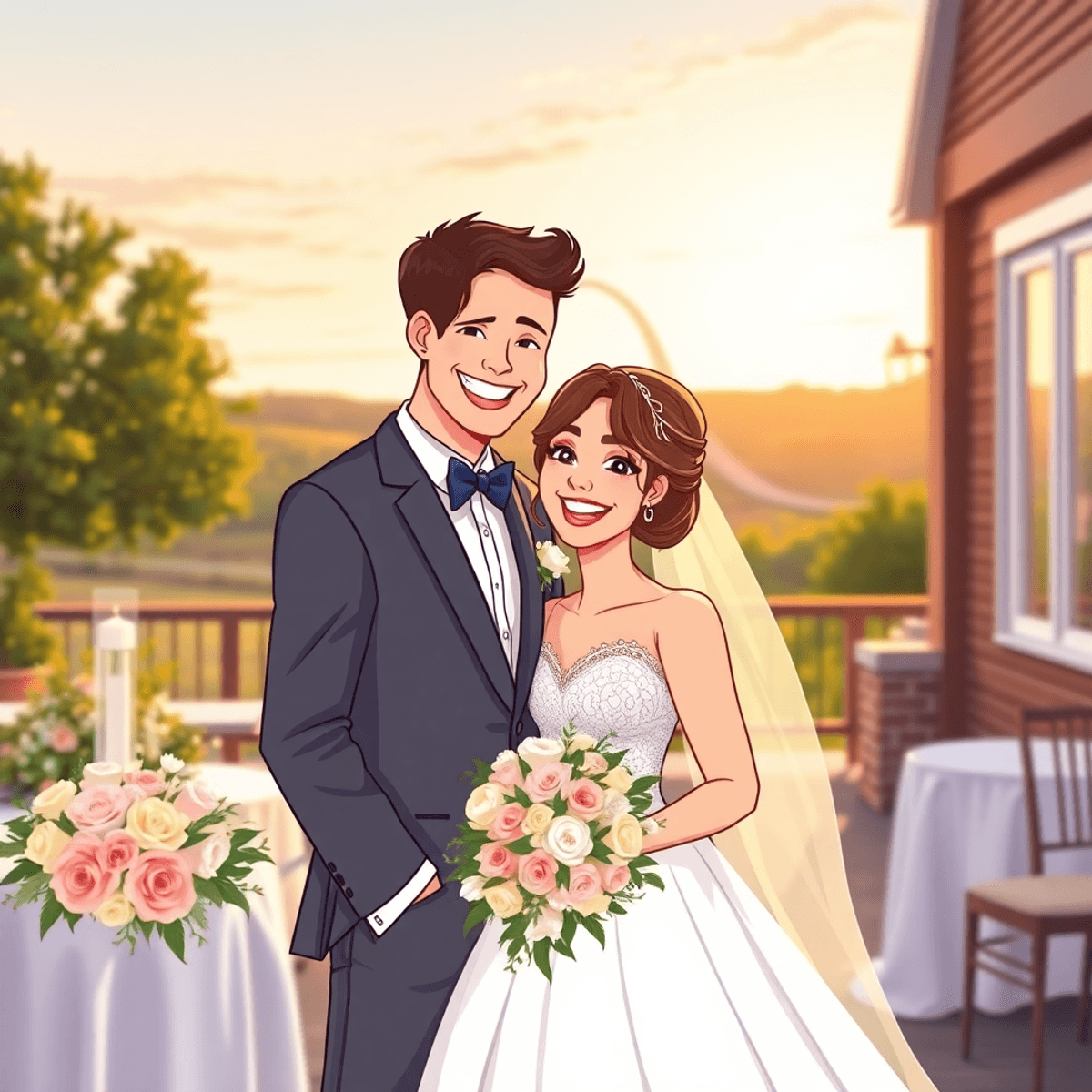 Cartoon-style outdoor wedding at golden hour with bride and groom sharing a joyful moment, surrounded by flowers and a scenic backdrop.