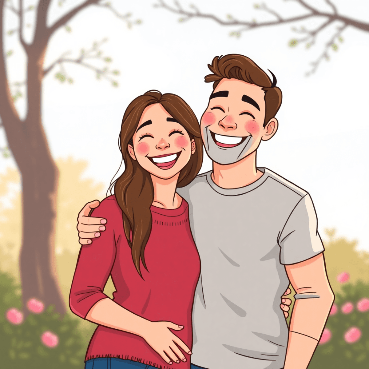 Cartoon of a happy couple smiling and laughing outdoors during a relaxed, romantic engagement photo session with soft natural lighting.