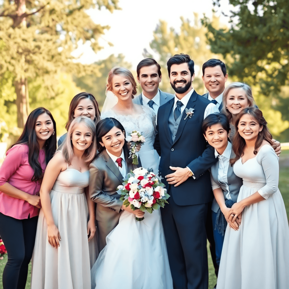 Cartoon-style outdoor wedding group photo with smiling people, soft natural light, and a joyful, relaxed atmosphere capturing genuine expressions.