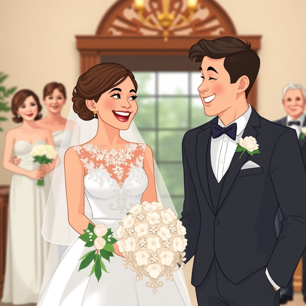 Cartoon-style wedding scene with a joyful couple laughing and family posing gracefully in soft, natural light.