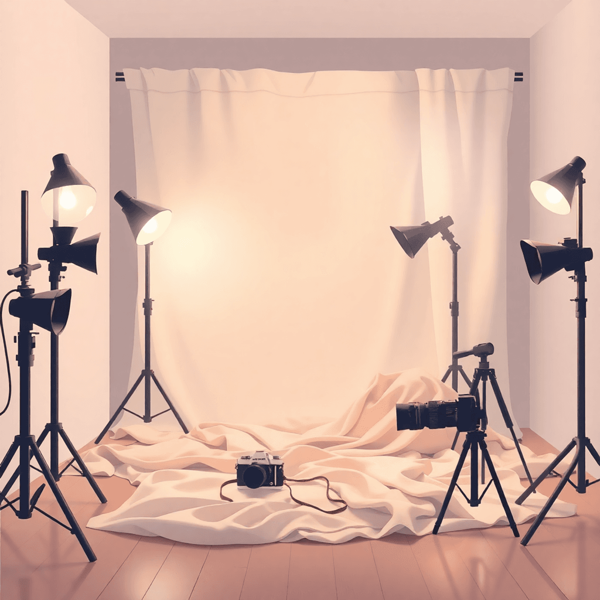 A cozy studio scene in cartoon style with soft lighting, vintage camera, and elegant props, evoking a sense of privacy and empowerment in photography.