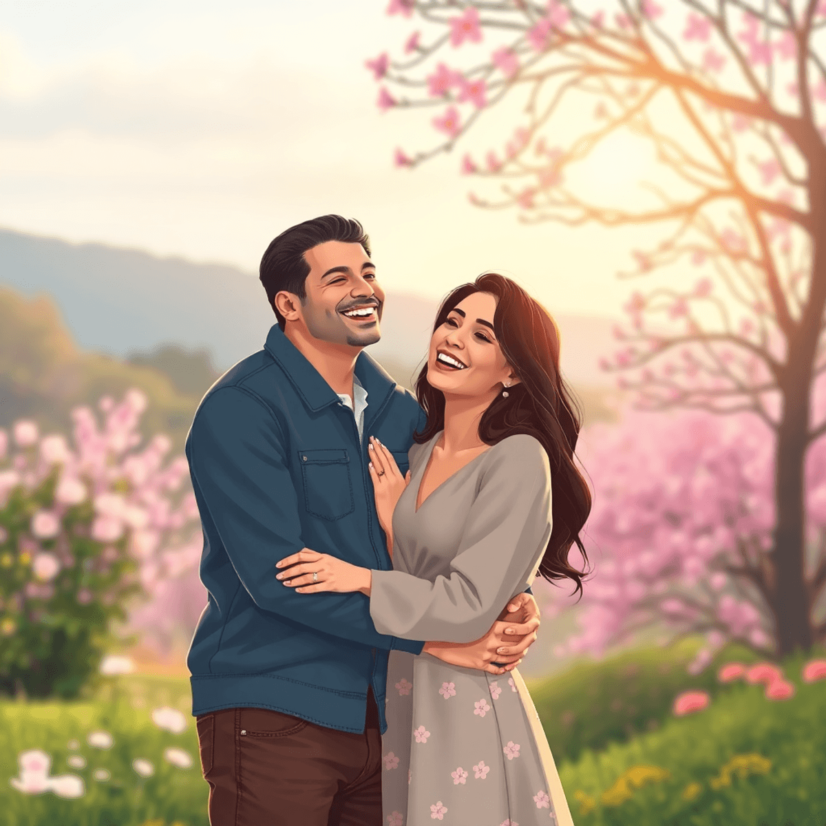 A cartoon-style illustration of a happy couple embracing and laughing in a scenic outdoor setting, surrounded by blooming flowers and soft natural light.