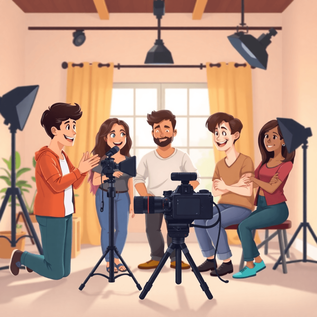 Cartoon-style photo studio with soft lighting, people collaborating around a camera, one gesturing an idea, others smiling and nodding in agreement.