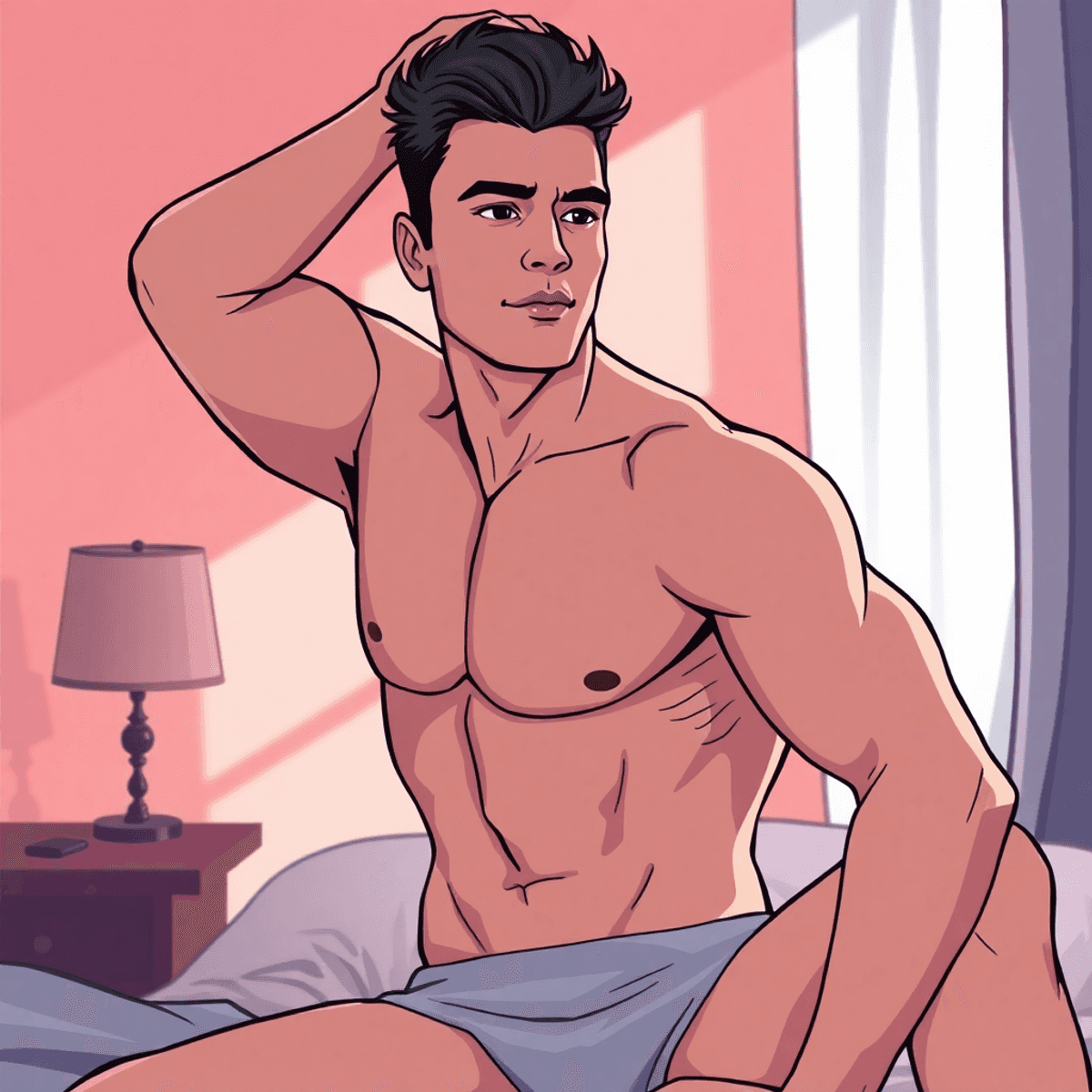 Cartoon-style boudoir scene with a confident masculine individual in soft lighting, highlighting empowerment and breaking gender norms.