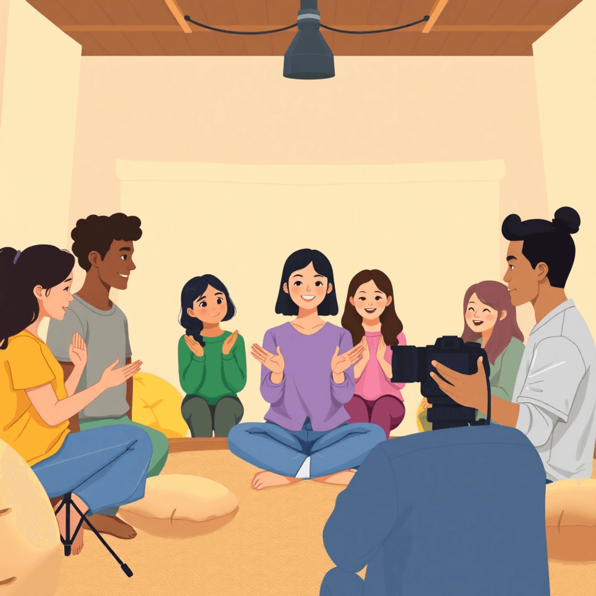 Cartoon of a cozy photography studio with soft lighting, relaxed people expressing themselves, open hands, gentle smiles, cushions, and warm colors.